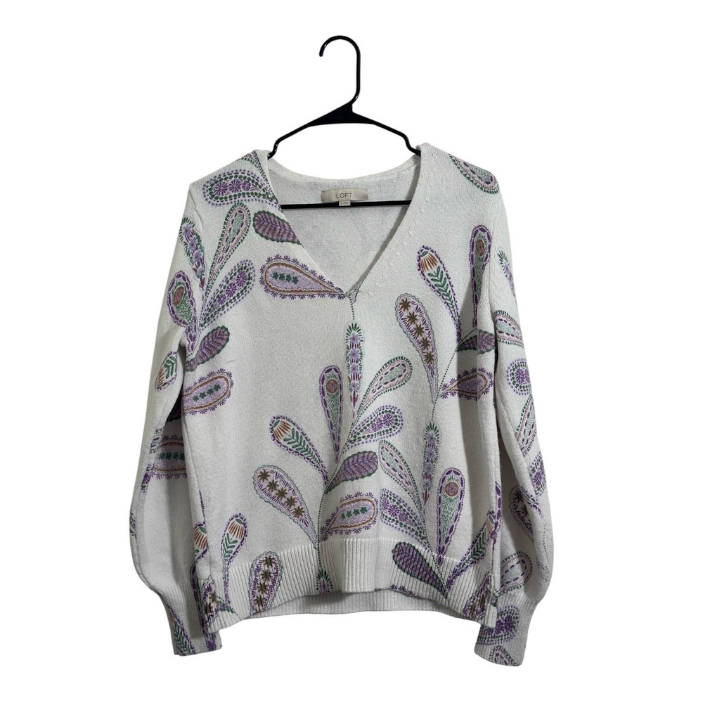 LOFT Boho Paisley White Purple V-Neck Cotton Pullover Sweater Women's Size Large